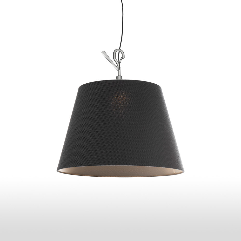 Suspension Artemide avec abat-jour conique en tissu noir, intérieur blanc et crochet plafond chromé brillant sur câble sombre