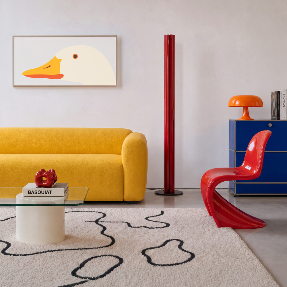 Salon moderne avec lampadaire rouge Artemide Chlorophilia et lampe de table orange en forme de champignon, canapé jaune, chaise Panton rouge, meuble bleu