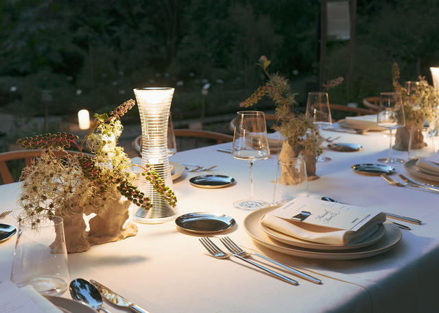 Table setting with plates, glasses and wild plant centerpieces illuminated by outdoor lamps.