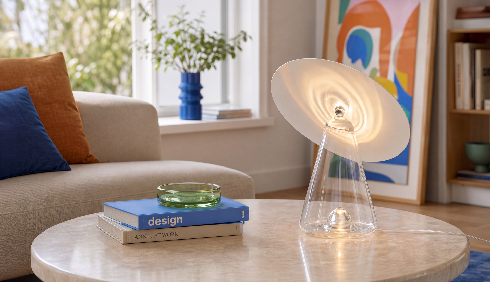 Lámpara de mesa Artemide con base cónica de vidrio transparente y difusor en forma de disco, iluminada sobre una mesita de mármol en un salón moderno.