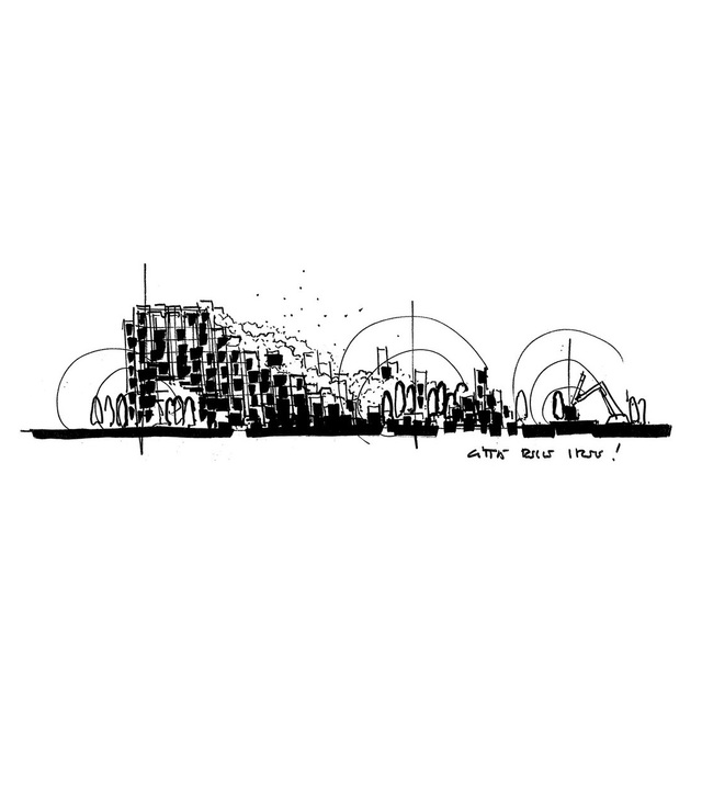 Black and white architectural sketch of an urban structure with volumes, arches and circular signs, created by Mario Cucinella.