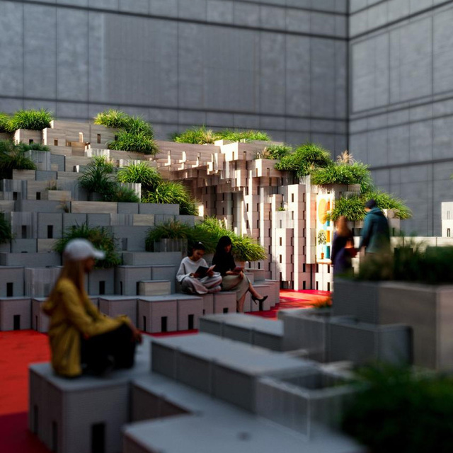 Render of a modular architectural installation with seating and plants in an exhibition space, with people distributed among the volumes.