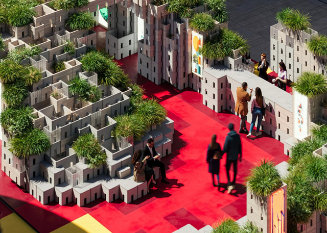 Overhead render of a modular architectural installation with integrated greenery, red flooring and people within the exhibition space.
