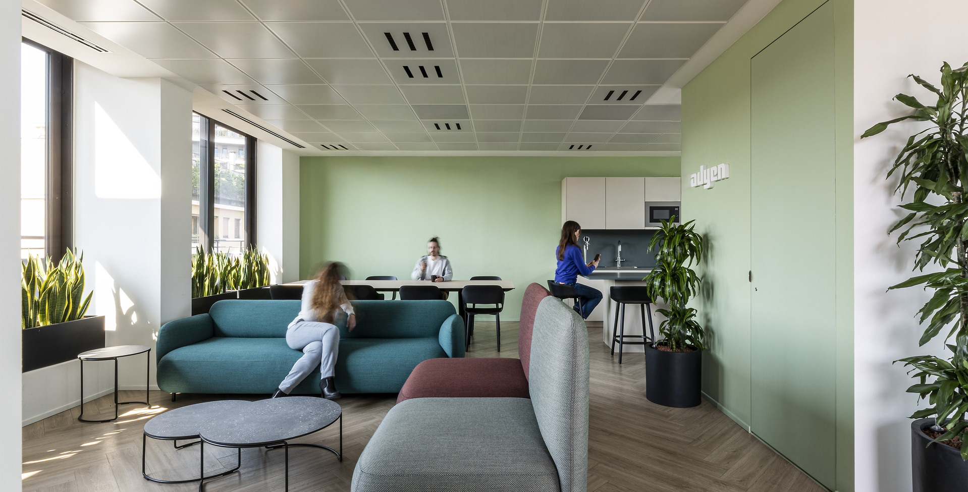Moderne Büro-Lounge mit grünen Wänden, weichen Sitzgelegenheiten, Pflanzen und Einbauleuchten, die einen hellen kollaborativen Arbeitsbereich schaffen.