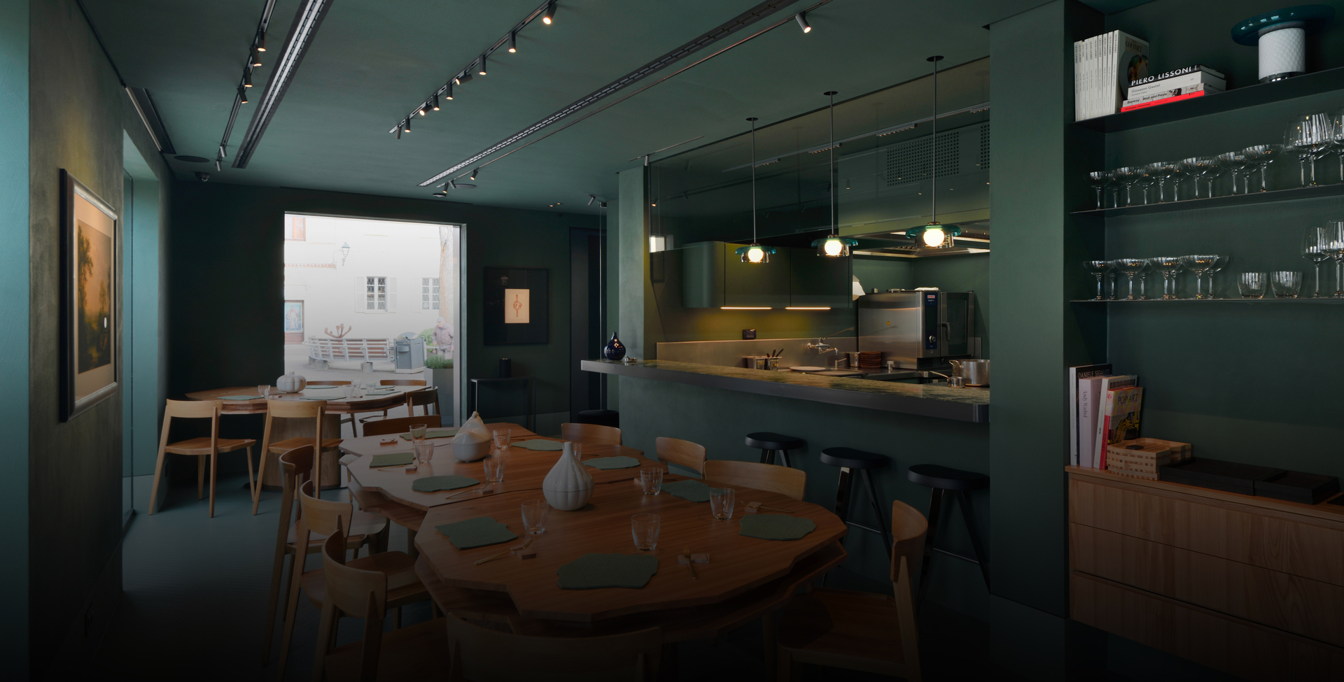 Image of the restaurant room of Ristorante Olmo illuminated with Vector for Turn Around.