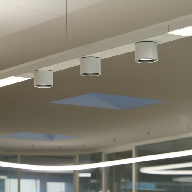 Detail of the Hoy System ceiling lighting system with adjustable white cylindrical spotlights.