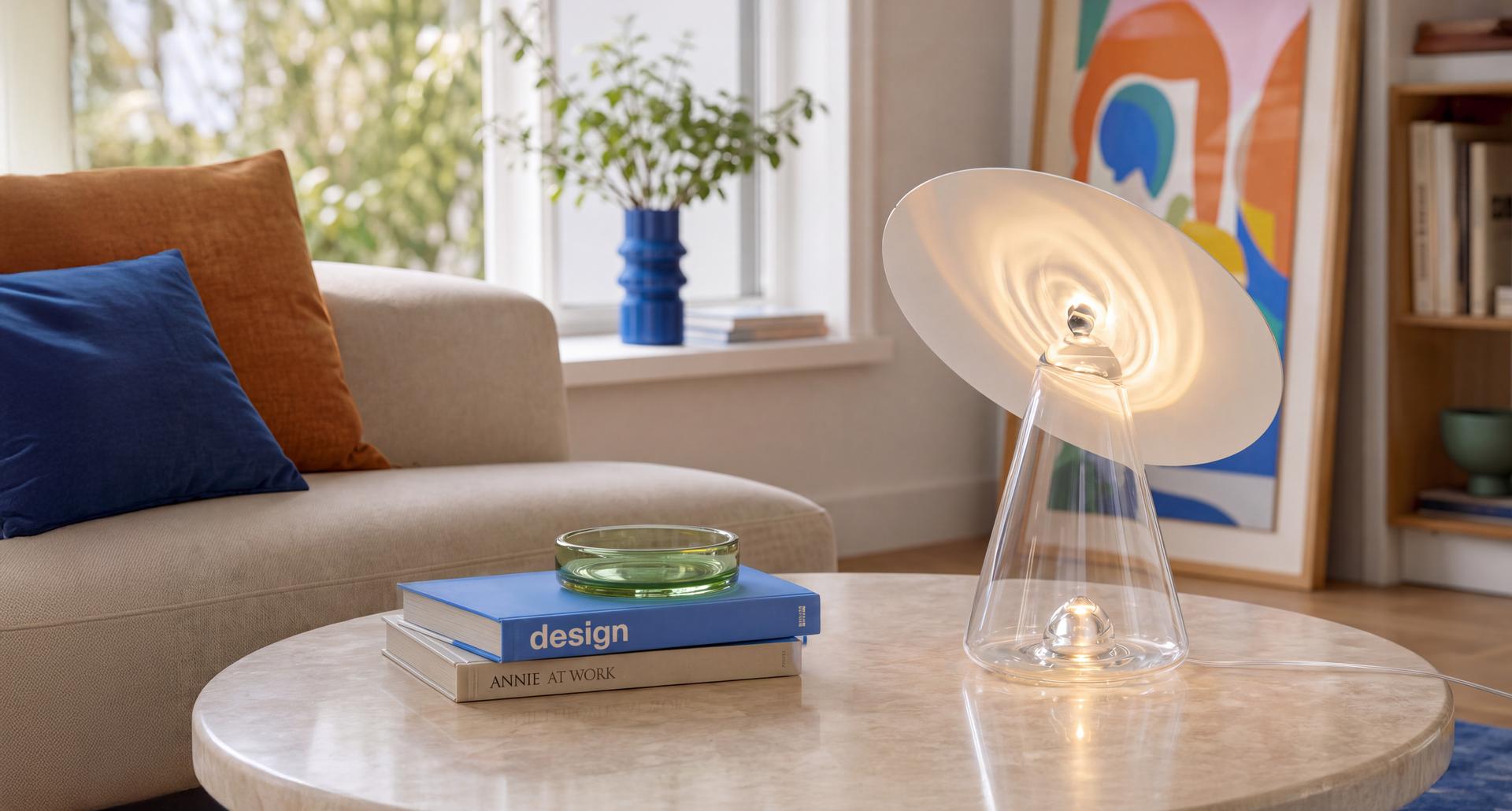 Lampe de table Artemide Boltons avec grand abat-jour disque rouge et réflecteur argenté, mise en scène avec un modèle en rouge sur fond bleu profond
