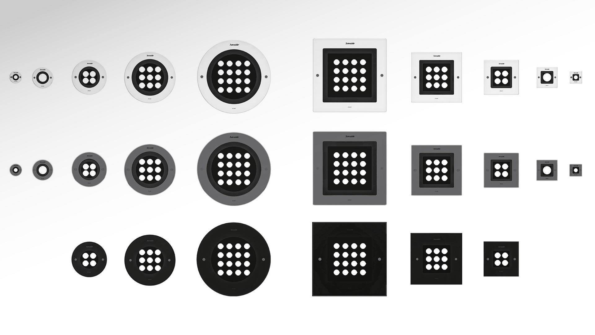 Esterno di edificio moderno al crepuscolo con luci Artemide Ego 90 walk-over che illuminano colonne e prato paesaggistico