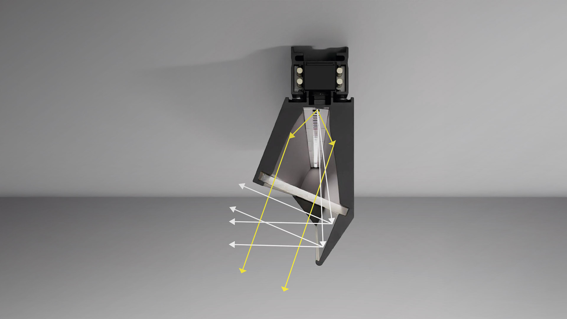 Diagramm eines schwarzen Schienenstrahlers mit Lichtstrahlwegen: gelbe Pfeile zeigen Direktlicht, weiße Pfeile reflektiertes Licht vom geneigten Spiegel.